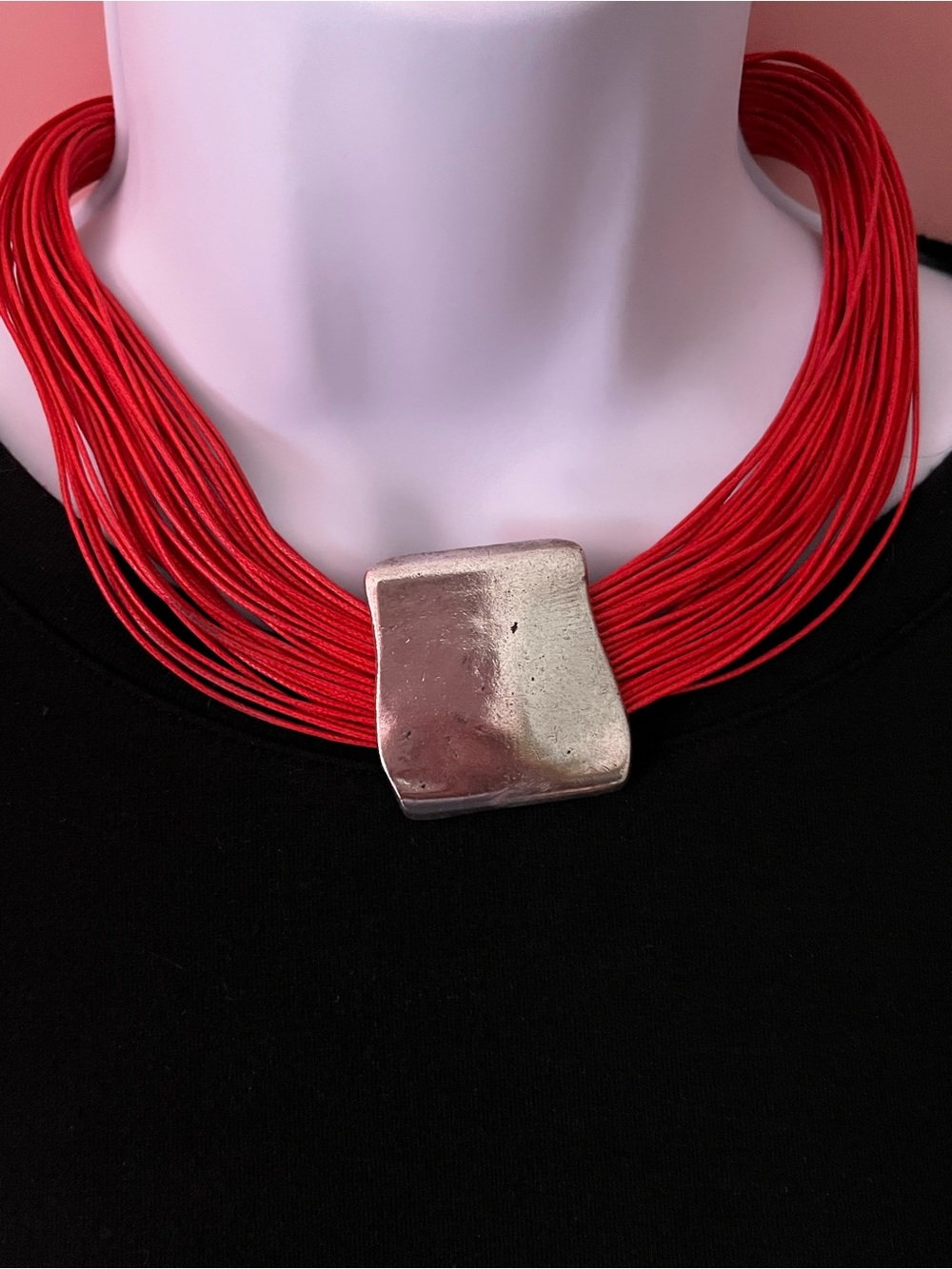 Estate Red Multi-Strand Necklace with Silver Square Accent